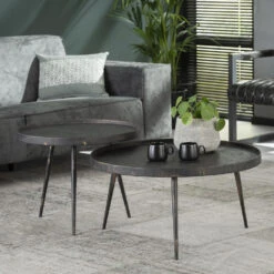 Hoyz - Salontafel Rond Metallic - Zwart - Set Van 2 - 76x76x40 -Woonmeubelwinkel 1000048324 0101