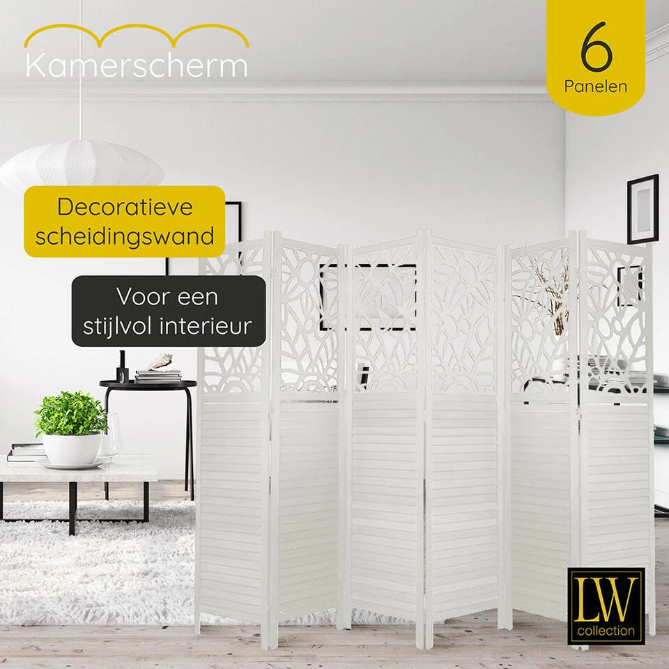 LW Collection Kamerscherm 6 Panelen Wit 170X240CM - Paravent - Scheidingswand 4 LW Collection Kamerscherm 6 Panelen Wit 170X240CM - Paravent - Scheidingswand - Afbeelding 2