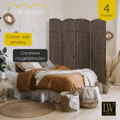 LW Collection Kamerscherm 4 Panelen Bruin 170x160cm - Paravent - Scheidingswand -Woonmeubelwinkel 1000061464 0103