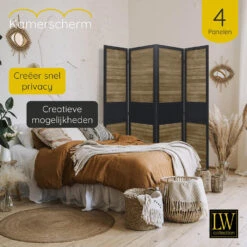LW Collection Kamerscherm 4 Panelen Zwart Bruin Hout 170x160cm - Paravent - Sche -Woonmeubelwinkel 1000061471 0103