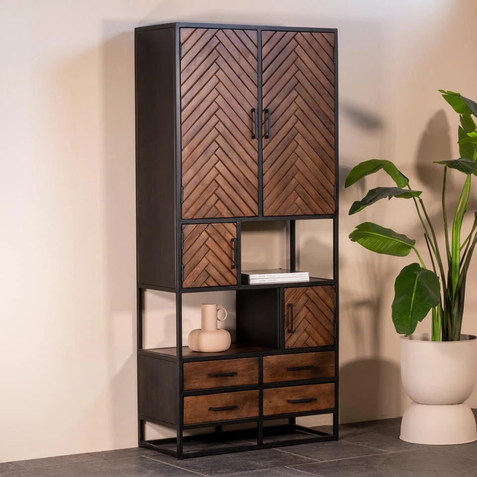 Giga Meubel Vakkenkast Visgraat Bruin - Mangohout - 90x40x200cm - Isa 4 Giga Meubel Vakkenkast Visgraat Bruin - Mangohout - 90x40x200cm - Isa - Afbeelding 2