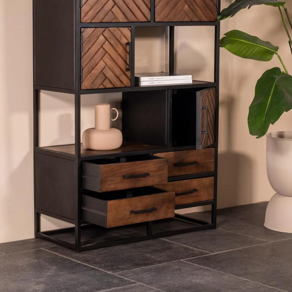 Giga Meubel Vakkenkast Visgraat Bruin - Mangohout - 90x40x200cm - Isa 5 Giga Meubel Vakkenkast Visgraat Bruin - Mangohout - 90x40x200cm - Isa - Afbeelding 3