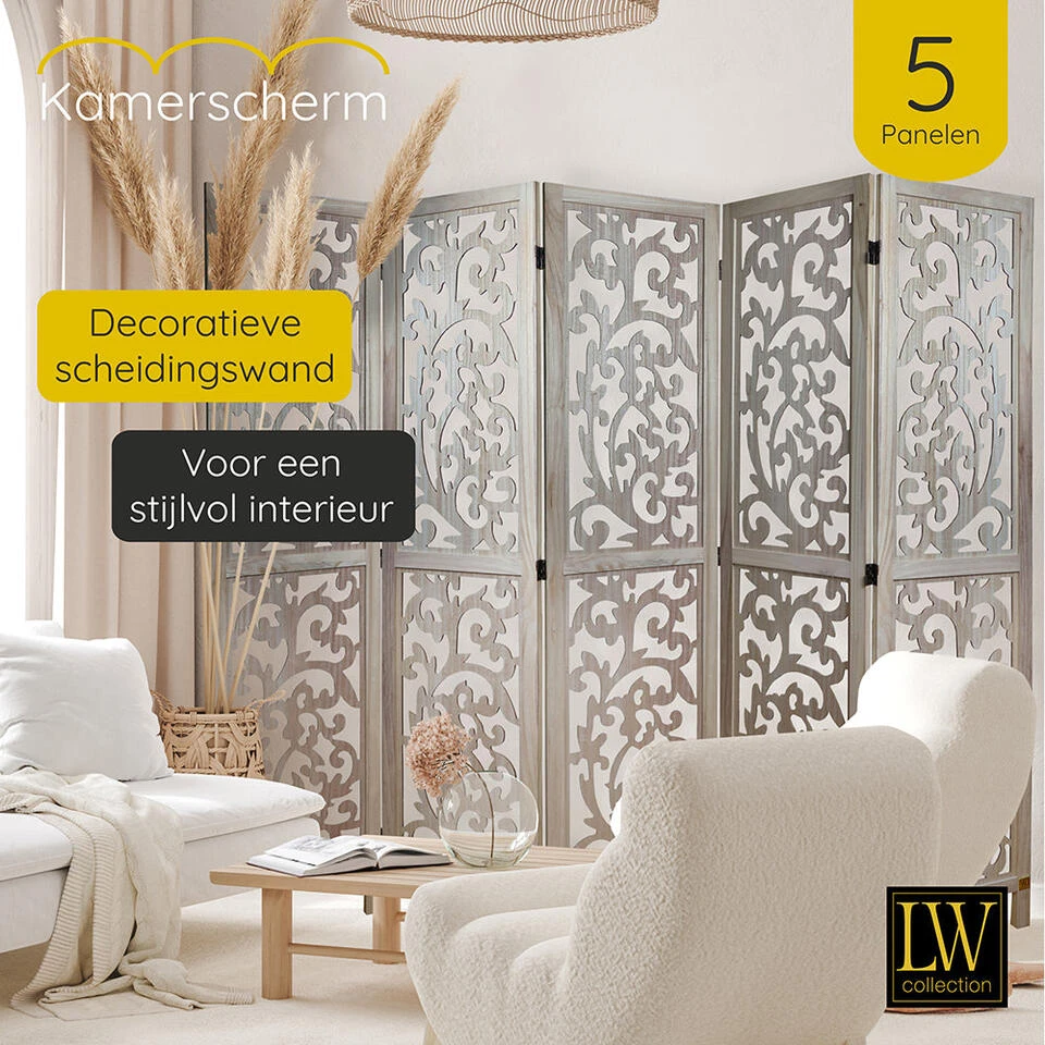 LW Collection Kamerscherm 5 Panelen Bruin 170X200CM - Paravent - Scheidingswand 4 LW Collection Kamerscherm 5 Panelen Bruin 170X200CM - Paravent - Scheidingswand - Afbeelding 2