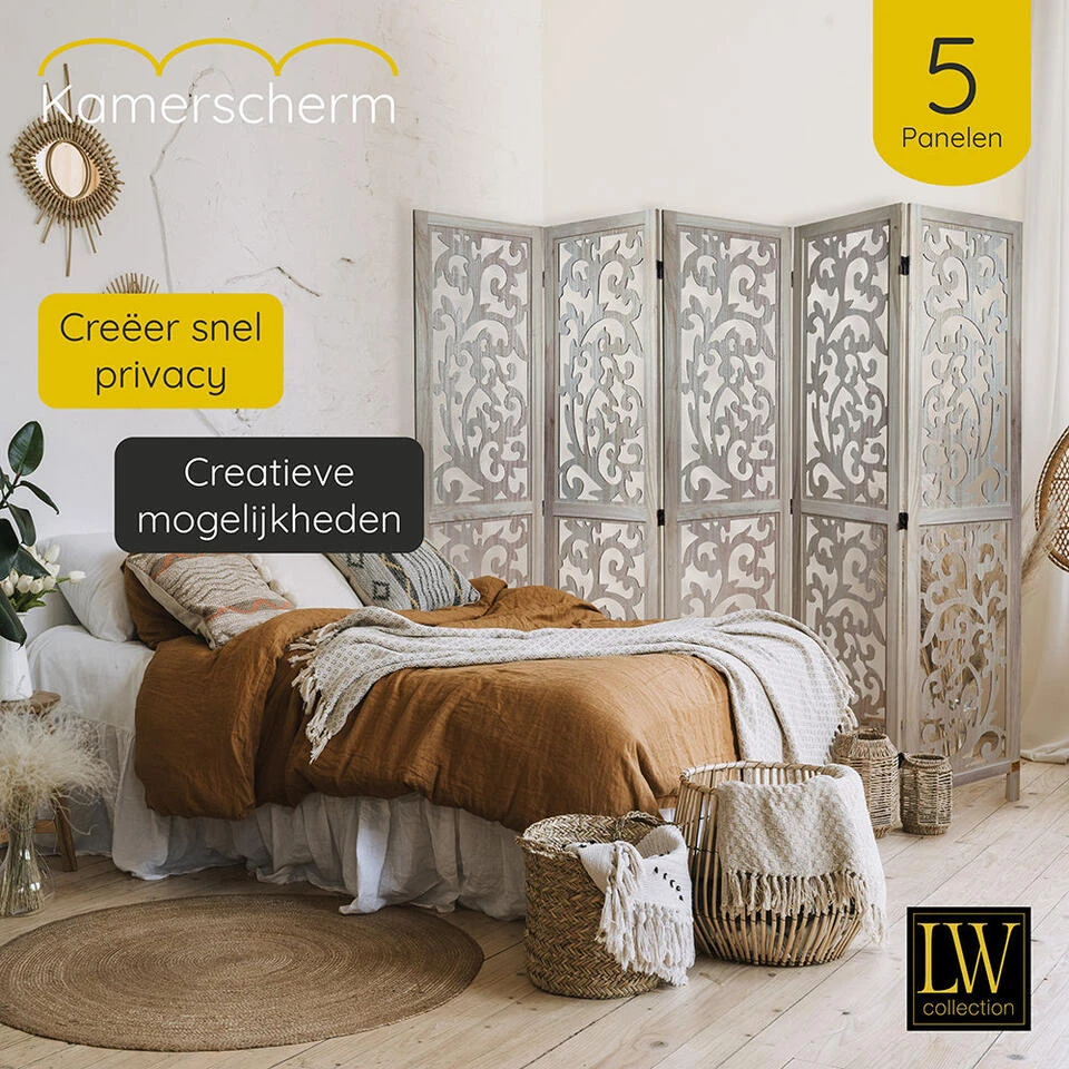 LW Collection Kamerscherm 5 Panelen Bruin 170X200CM - Paravent - Scheidingswand 6 LW Collection Kamerscherm 5 Panelen Bruin 170X200CM - Paravent - Scheidingswand - Afbeelding 4