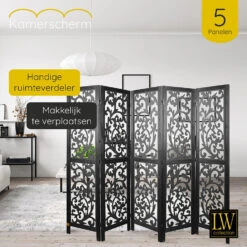 LW Collection Kamerscherm 5 Panelen Zwart 170X200CM - Paravent - Scheidingswand -Woonmeubelwinkel 1000078139 0102