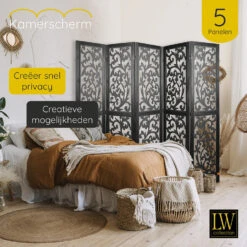 LW Collection Kamerscherm 5 Panelen Zwart 170X200CM - Paravent - Scheidingswand -Woonmeubelwinkel 1000078139 0103