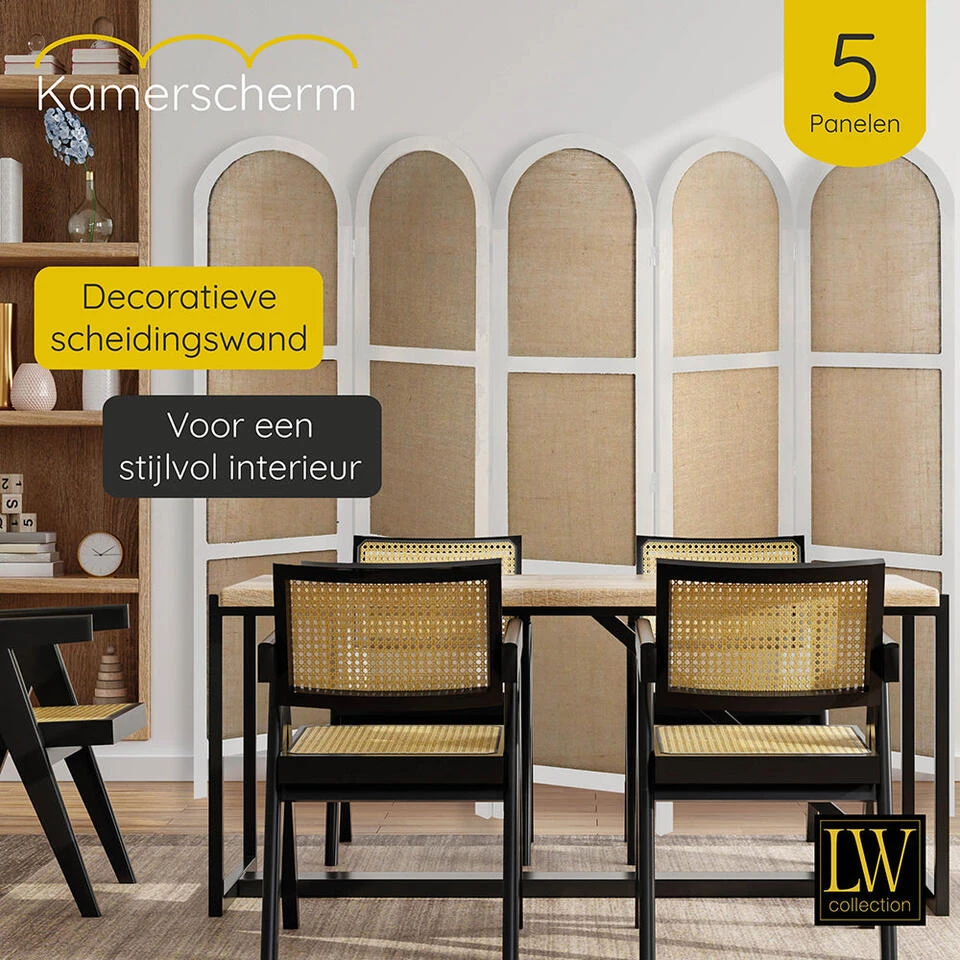 LW Collection Kamerscherm 5 Panelen Wit 170X200CM - Paravent Rond - Scheidingswa 4 LW Collection Kamerscherm 5 Panelen Wit 170X200CM - Paravent Rond - Scheidingswa - Afbeelding 2