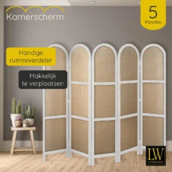 LW Collection Kamerscherm 5 Panelen Wit 170X200CM - Paravent Rond - Scheidingswa 8 LW Collection Kamerscherm 5 Panelen Wit 170X200CM - Paravent Rond - Scheidingswa -Woonmeubelwinkel 1000078154 0102