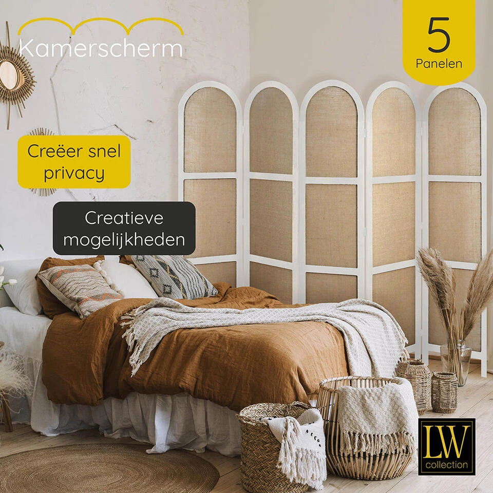 LW Collection Kamerscherm 5 Panelen Wit 170X200CM - Paravent Rond - Scheidingswa 6 LW Collection Kamerscherm 5 Panelen Wit 170X200CM - Paravent Rond - Scheidingswa - Afbeelding 4