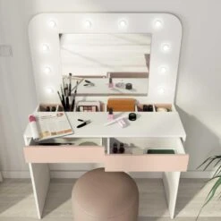 Trasman Kaptafel Holly Met Spiegel En Verlichting 2 Lades Spaanplaat - Wit/roze 9 Trasman Kaptafel Holly Met Spiegel En Verlichting 2 Lades Spaanplaat - Wit/roze -Woonmeubelwinkel 1000087343 0103