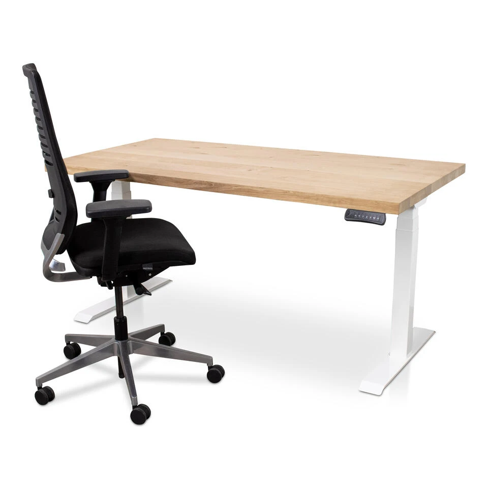 MRC Zit-sta Bureau Massief Eiken Blad 160x80 Wit Frame NEN-EN 527 4 MRC Zit-sta Bureau Massief Eiken Blad 160x80 Wit Frame NEN-EN 527 - Afbeelding 2