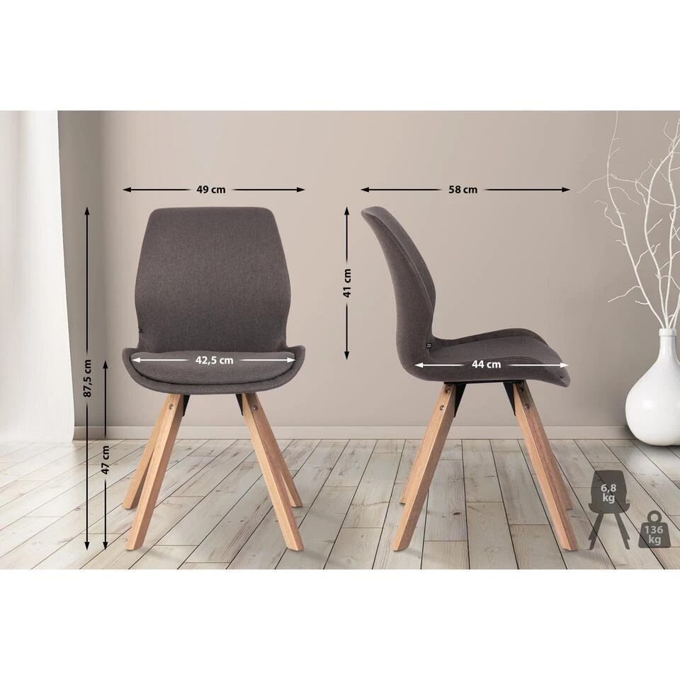 CLP Set Van 2 Eetkamerstoelen Luna Stof Grijs 4 CLP Set Van 2 Eetkamerstoelen Luna Stof Grijs - Afbeelding 2