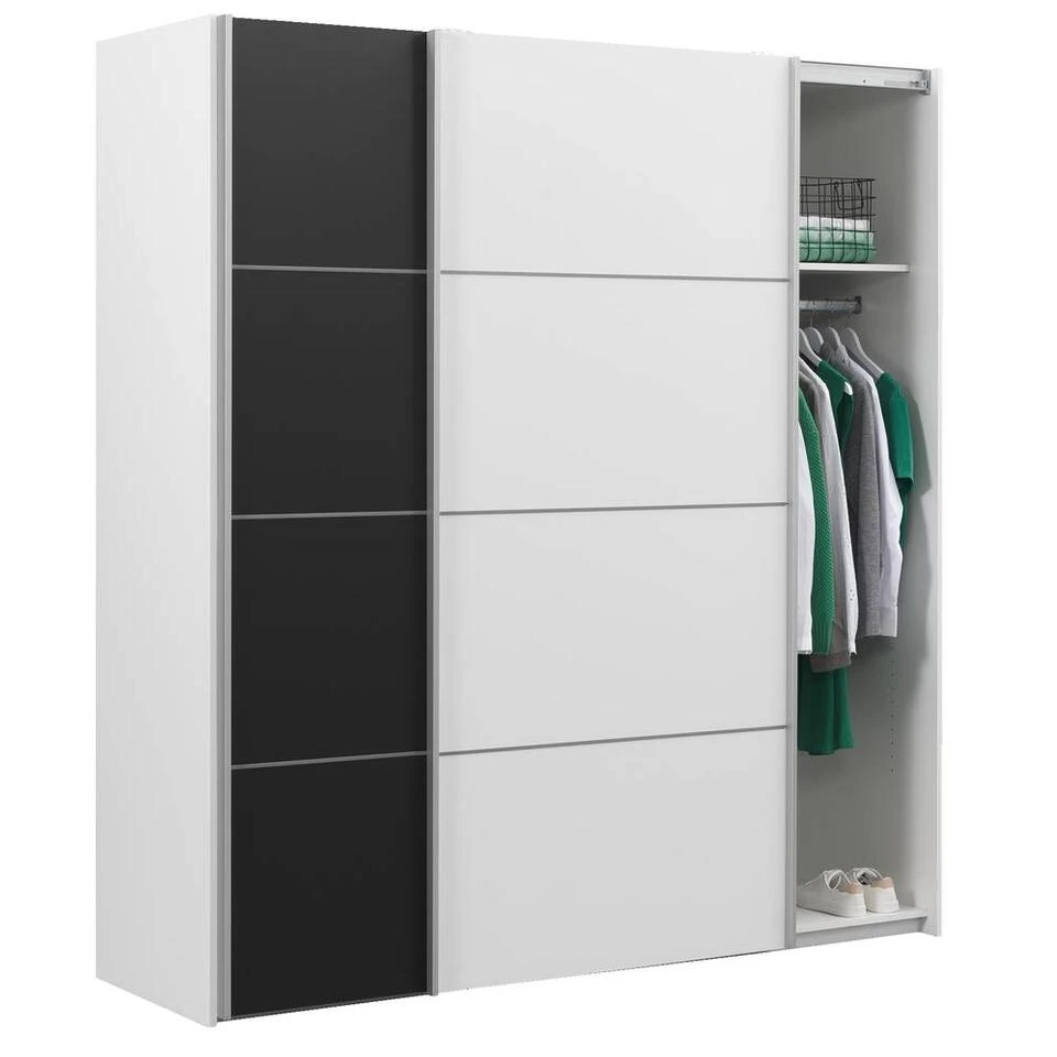 Schuifdeurkast Verona Wit - Zwart/wit - 200x182x64 Cm 6 Schuifdeurkast Verona Wit - Zwart/wit - 200x182x64 Cm - Afbeelding 4