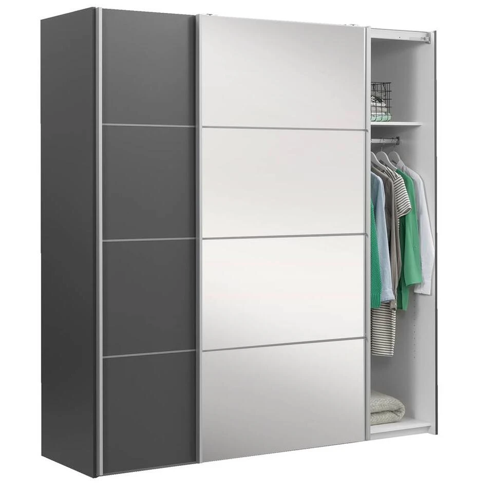 Schuifdeurkast Verona Antraciet - Antraciet/spiegel - 200x182x64 Cm 6 Schuifdeurkast Verona Antraciet - Antraciet/spiegel - 200x182x64 Cm - Afbeelding 4