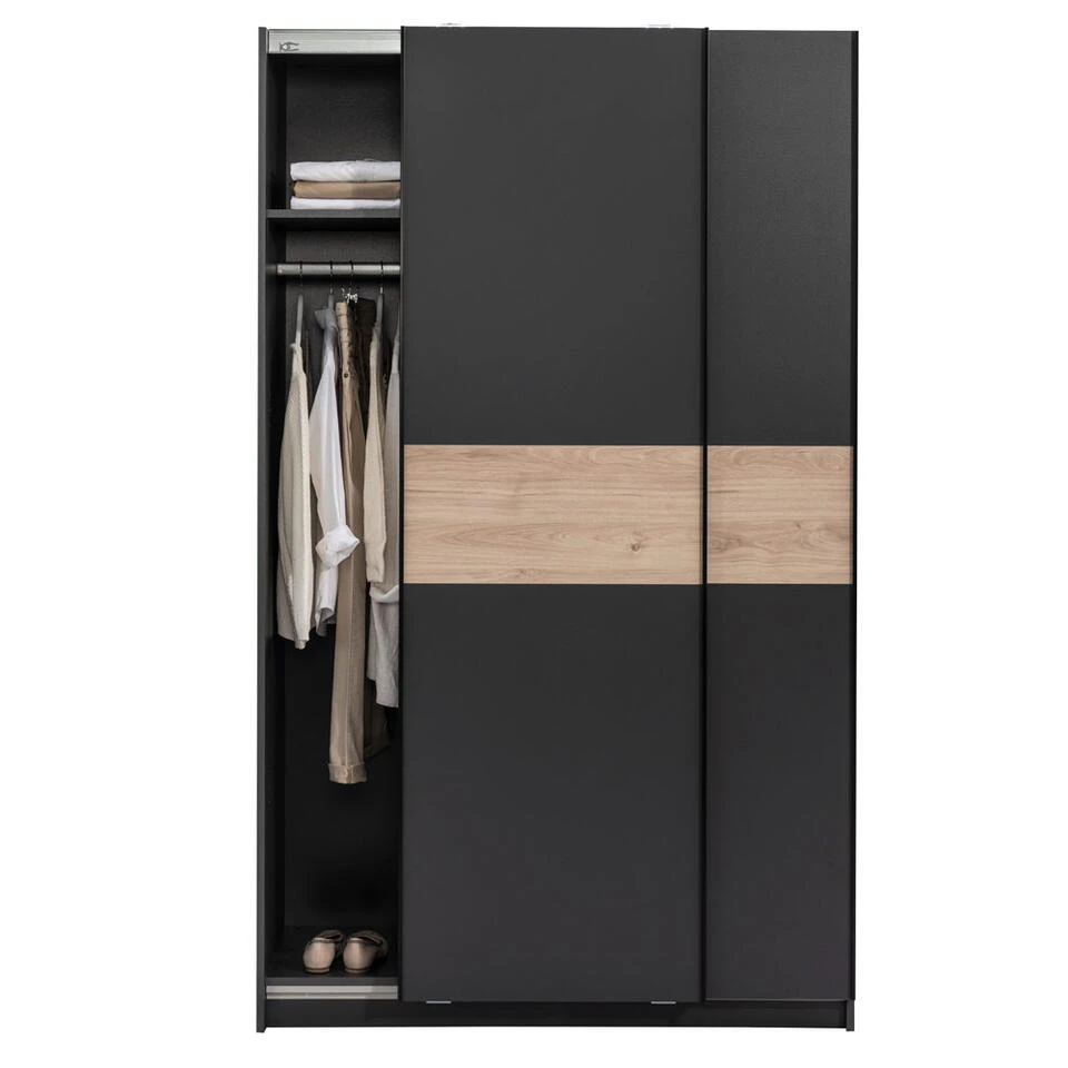 Schuifdeurkast Genua - Antraciet/eikenkleur - 204x122x60 Cm 4 Schuifdeurkast Genua - Antraciet/eikenkleur - 204x122x60 Cm - Afbeelding 2