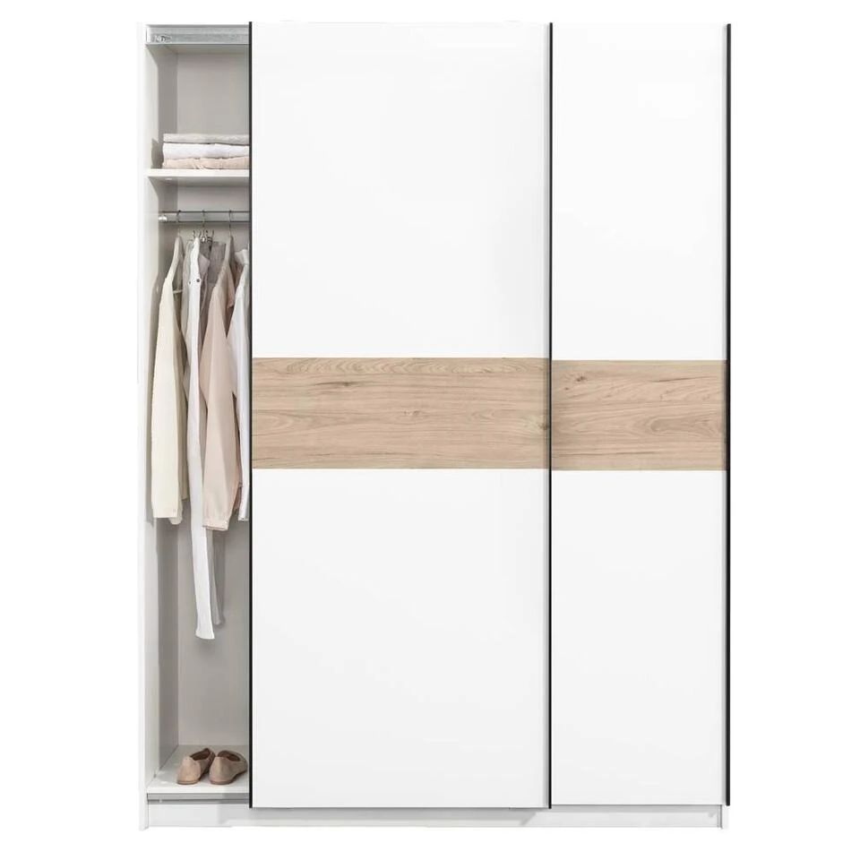 Schuifdeurkast Genua - Wit/eikenkleur - 204x150x60 Cm 4 Schuifdeurkast Genua - Wit/eikenkleur - 204x150x60 Cm - Afbeelding 2