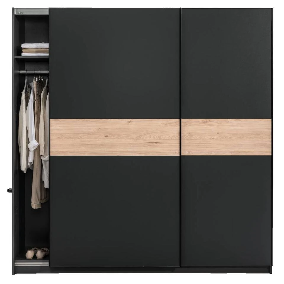 Schuifdeurkast Genua - Antraciet/eikenkleur - 204x200x60 Cm 4 Schuifdeurkast Genua - Antraciet/eikenkleur - 204x200x60 Cm - Afbeelding 2